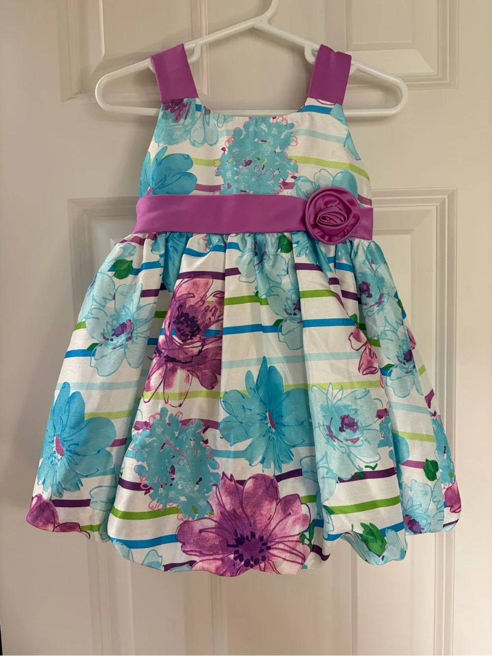 Jessica Ann Blue and Purple Floral Stripe Party Dress with Purple Sash